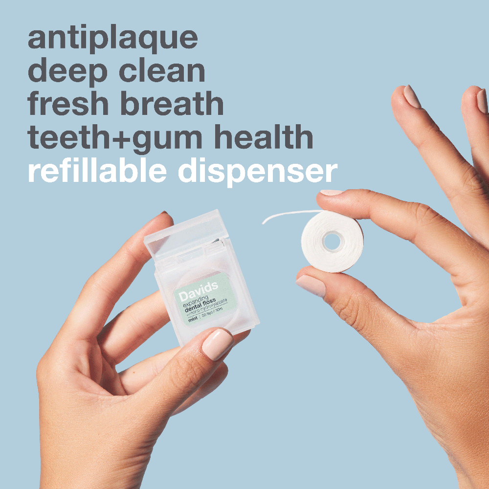 Davids Hydroxi™ expanding dental floss / refillable dispenser + refill / mint / 60m