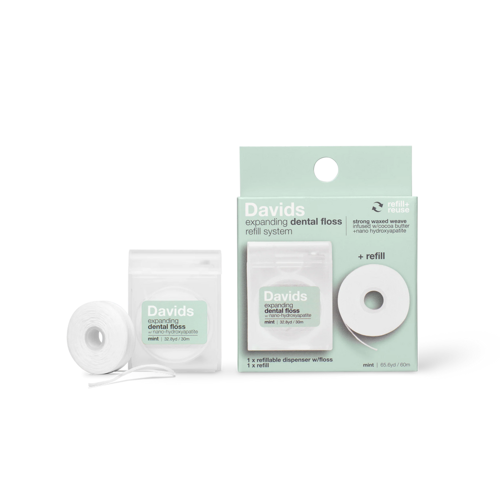 Davids Hydroxi™ expanding dental floss / refillable dispenser + refill / mint / 60m