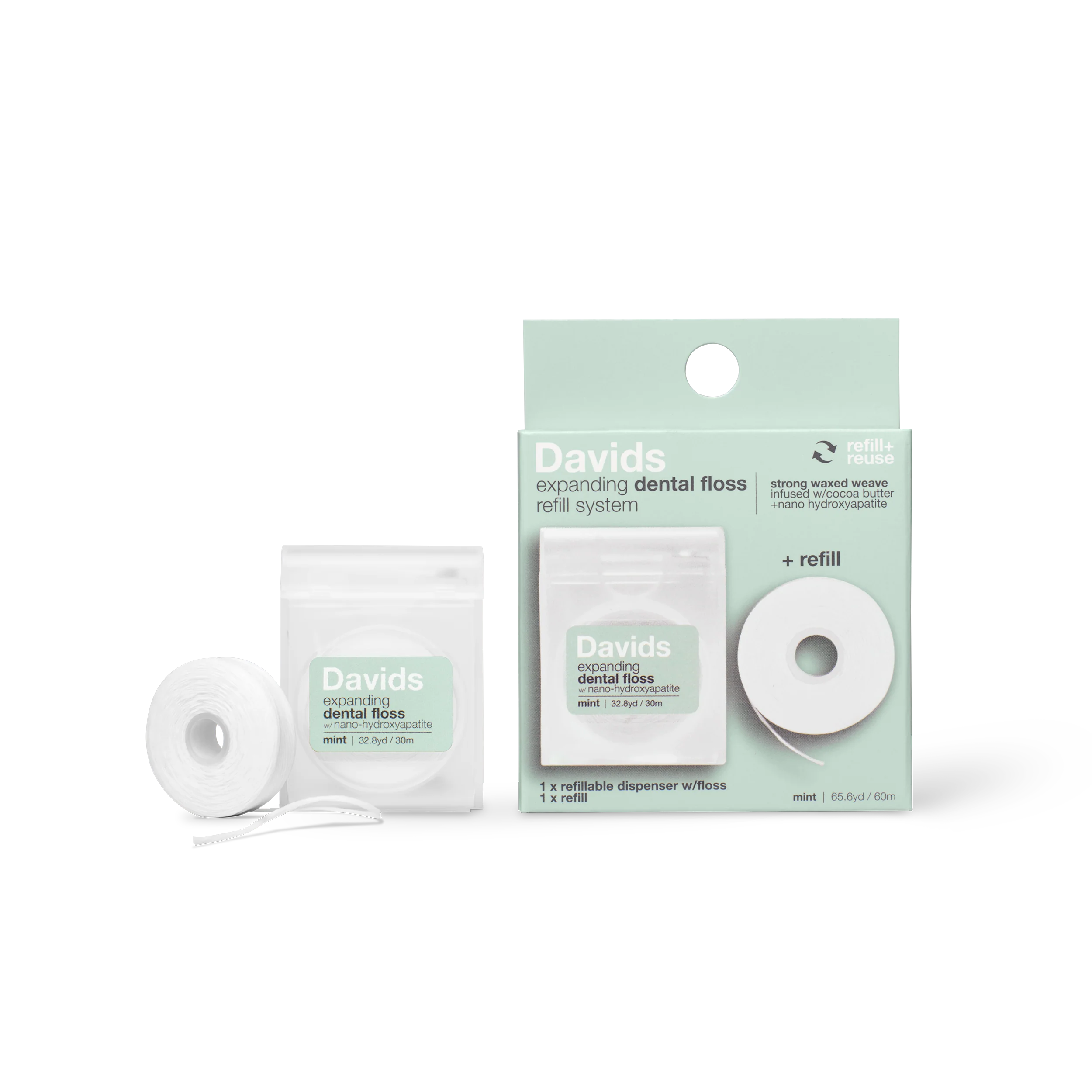 Davids Hydroxi™ expanding dental floss / refillable dispenser + refill / mint / 60m